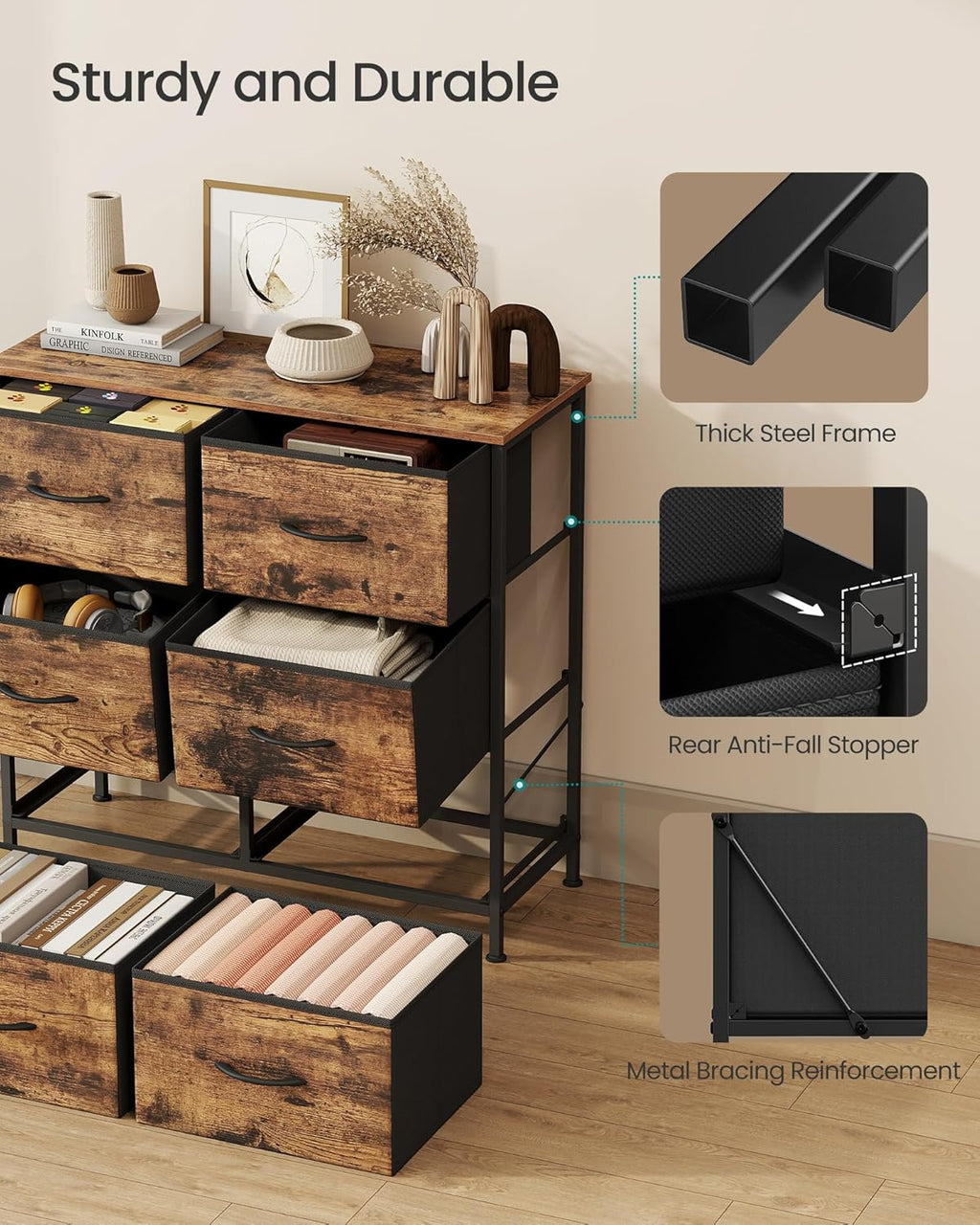 SONGMICS Dresser - 6 Non-Woven Fabric Drawers Storage Organizer Unit for Bedroom | Rustic Brown & Ink Black