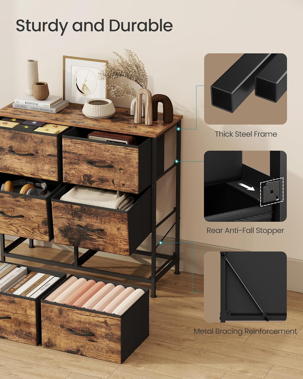 SONGMICS Dresser - 6 Non-Woven Fabric Drawers Storage Organizer Unit for Bedroom | Rustic Brown & Ink Black