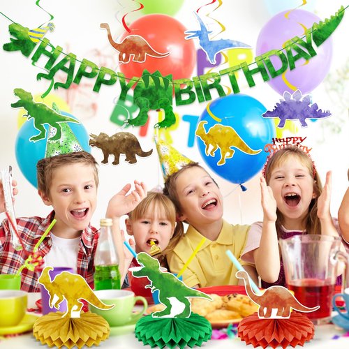 Pre-Strung Dinosaur Birthday Decorations - Dinosaur Happy Birthday Banner,Party Decorations for Boys Girls Kids,Dino Theme Hanging Swirl, Honeycomb Centerpiece Table Decor
