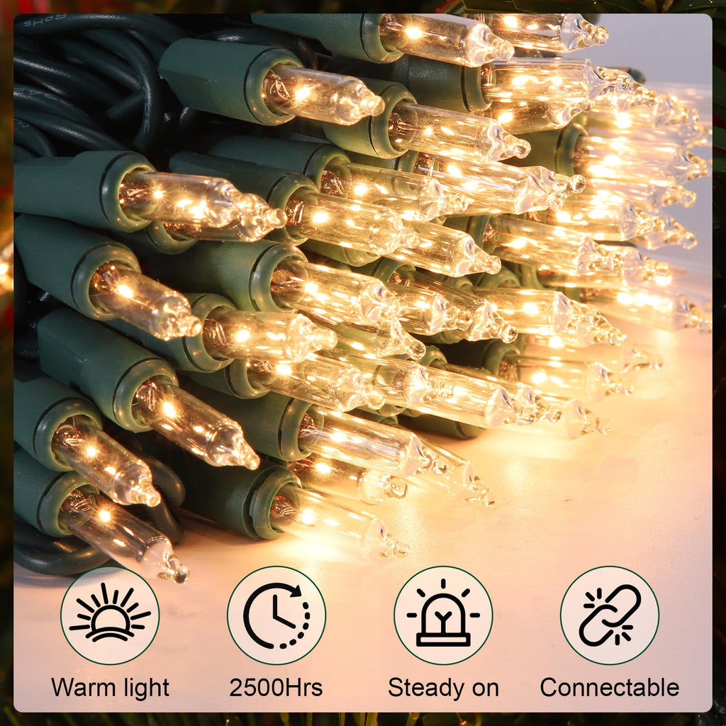 Meteds Christmas Lights 50 Count Clear Mini Lights Green Wire UL Certified Connectable Warm White String Lights for Christmas Decor (50 Count 13FT)