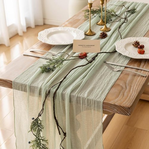 Keketoarrange Sage Green Table Runner - 120 Inch Rustic Boho Cheesecloth for Weddings & Events