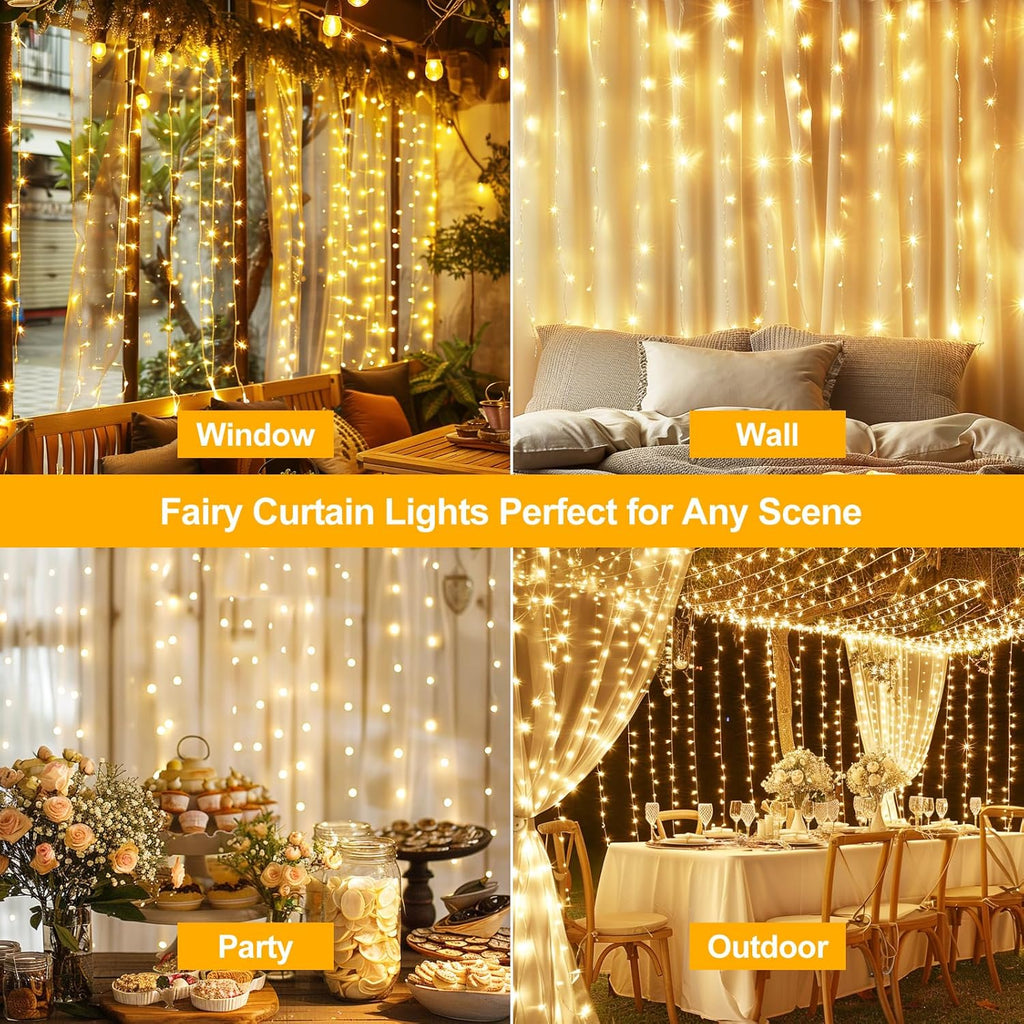 Skiennix 300 LED Fairy Curtain Lights - 9.8 x 9.8FT Warm White USB Plug with Remote | 8 Modes for Christmas, Weddings, Parties