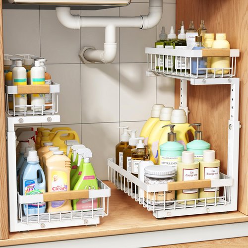 PXRACK Under Sink Organizer, Adjustable Height, 2-Pack 2 Tier Pull Out Under Cabinet Organizer, Slide Out Thickened Metal Under Sink Storage for Kitchen Bathroom Laundry Pantry Cabinet, S, White