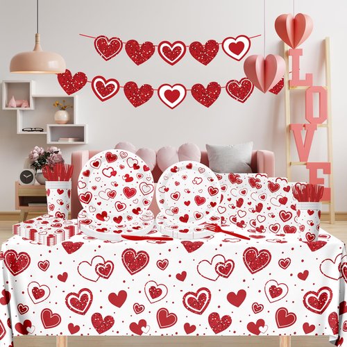 Valentines Day Party Decorations Tableware,146Pcs Valentines Plates and Napkins,Tablecloth,Cups,Forks, Knives,Banner,Heart Plates and Napkins for Kids Valentines Party Supplies,Sever 24