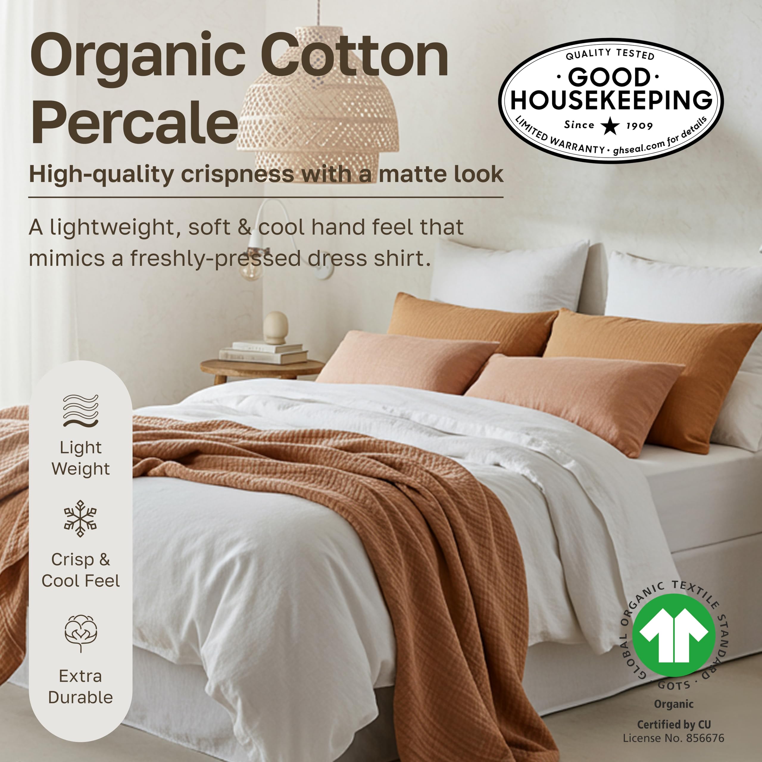 California Design Den 100% Organic Cotton Fitted Sheet Queen Size Only, Percale, Deep Pocket Fitted Sheet Queen, Lightweight, Snug-Fit, Crisp, All Around Elastic, 1 Pc - True Ivory
