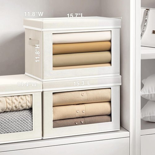 Homsorout Storage Bins - 4 Pack Large Fabric Organizers with Lids & Handles | Beige for Clothes & Towels