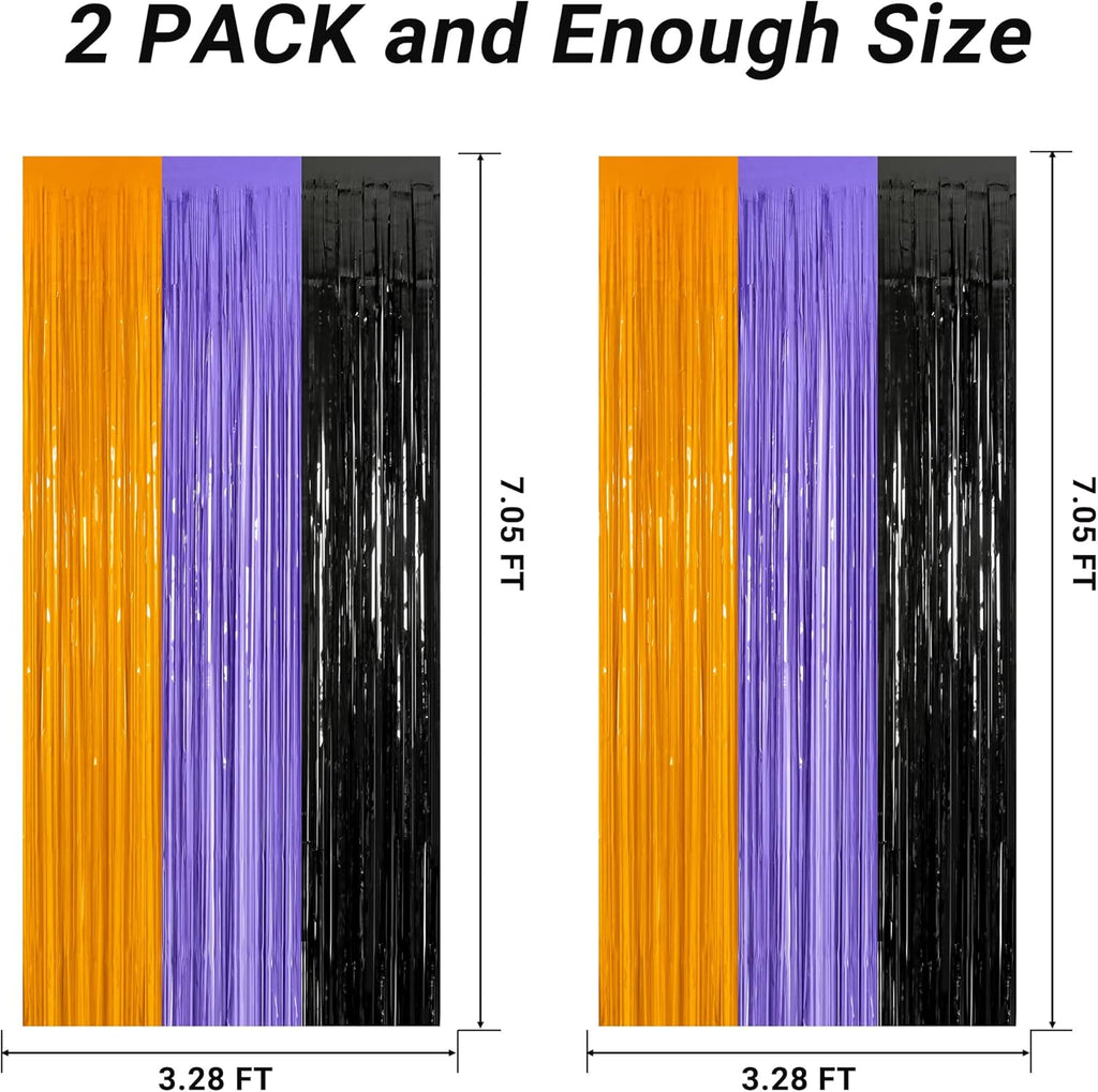 Regine Switzerland 2 Pack Halloween Backdrop - 3.28 FT x 7.05 FT Foil Fringe Curtains | Orange, Purple & Black Party Decor