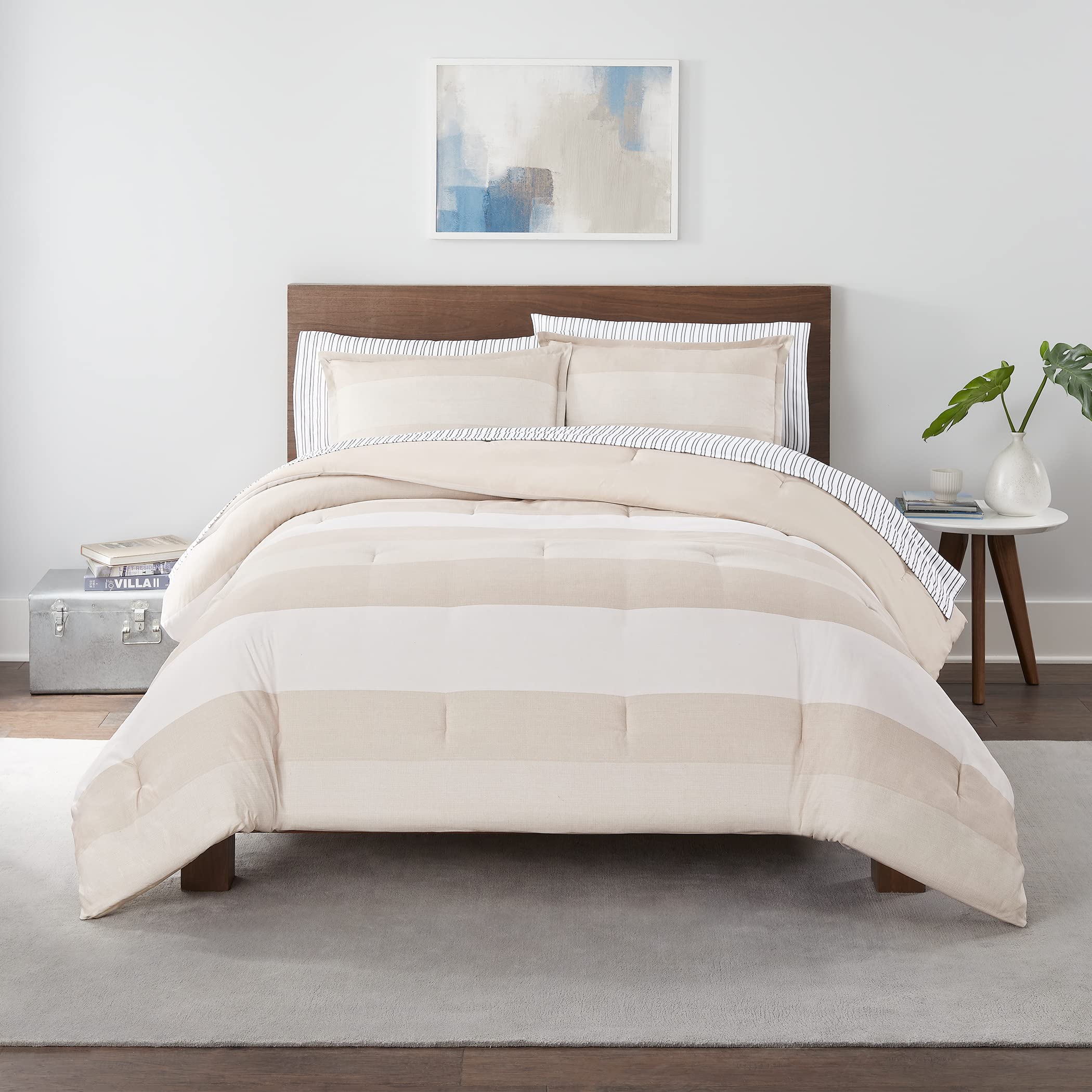 Serta Simply Clean Billy Soft 7 Piece Textured Stripe Bed in a Bag Complete Bedding Comforter Set with Sheets and Pillow Cases for All Season, Full, Natural