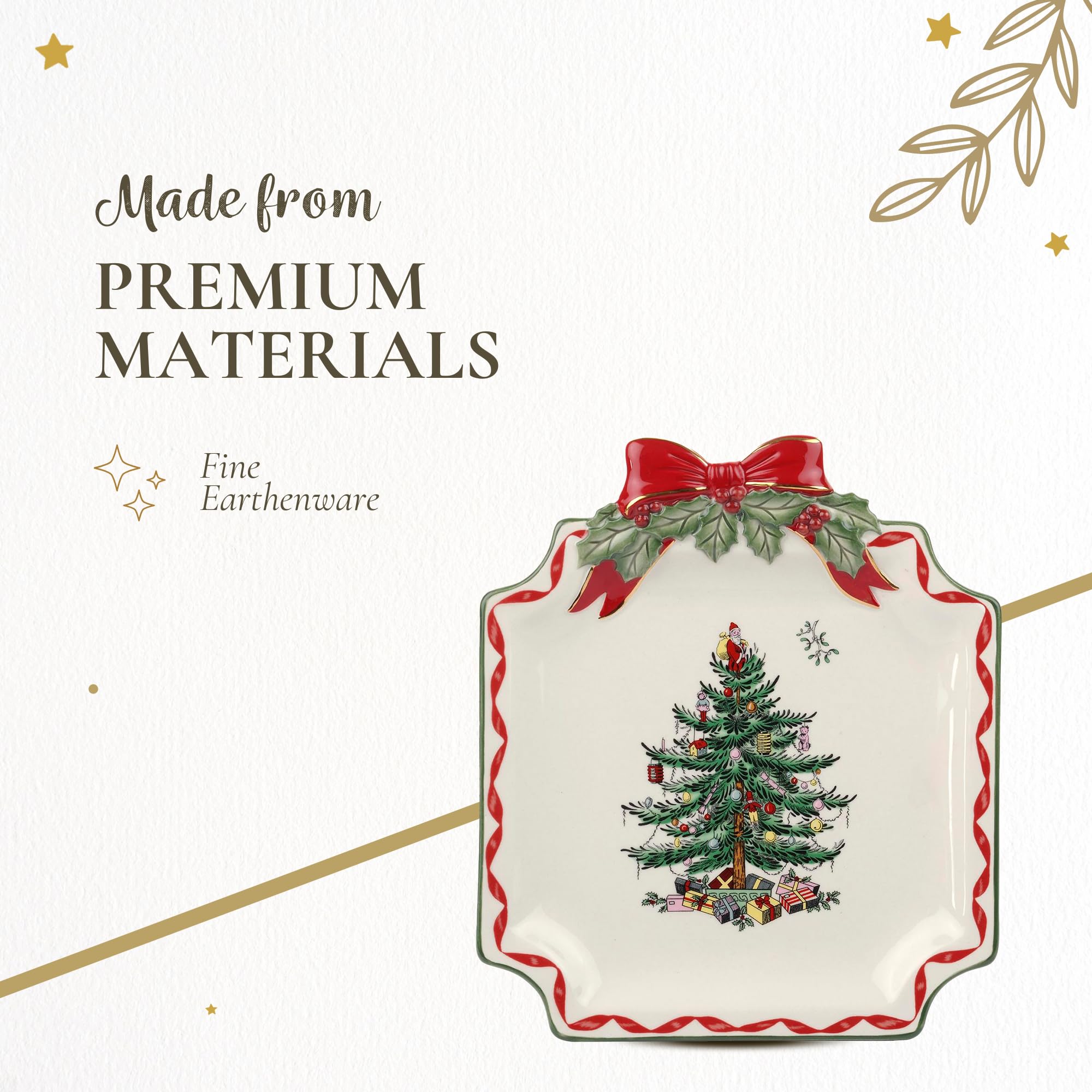 Spode Christmas Tree Ribbons Square Platter with Bow Handles - 11-Inch Holiday Serving Plate for Desserts, Appetizers, & Treats - Festive Christmas Dinnerware with Gold Accents - Dishwasher Safe