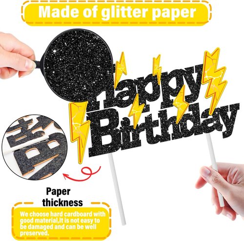 Glitter Black Lightning Bolt Cake Toppers - Happy Birthday Party Decorations for Kids | Weather Theme