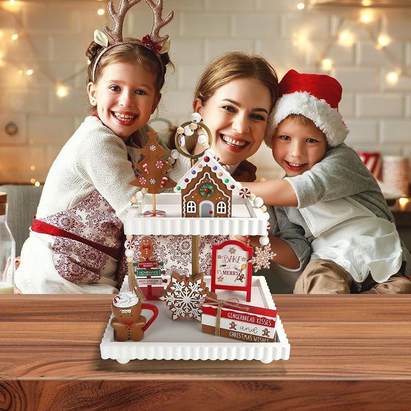 Gingerbread Christmas Decorations 8-Piece Tiered Tray Decor Set - Gingerbread Xmas Variation