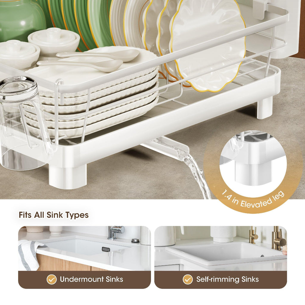 Runnatal Dish Drying Rack, Stainless Steel Dish Rack with Drainboard for Kitchen Counter and Sink, Detachable 2-in-1 Utensil Holder, Cup Holder, Large Capacity Dish Drainer, White