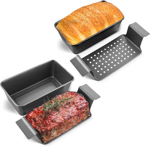 HONGBAKE Nonstick Meatloaf Pan Set - 4 Pack with Drain Tray | 9 x 5 Inches, Grey Baking Pans
