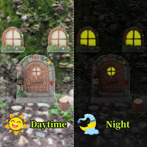 Exasinine Fairy Door Set - 6 Pcs Glow in The Dark Miniature Garden Accessories | Outdoor Decor with Lanterns