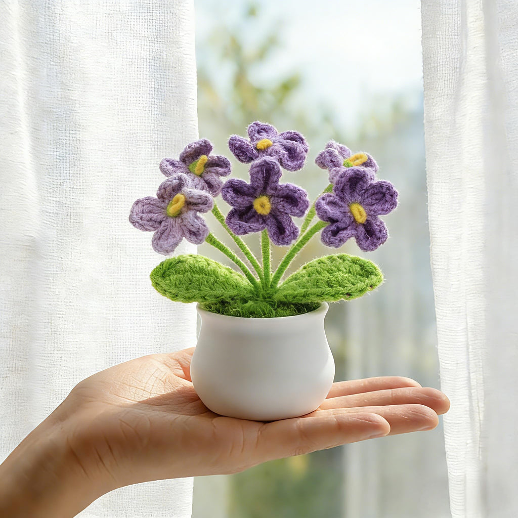LAIDANLA Crochet Flowers Forget Me Not, Mini Gradient Purple Crochet Flower Potted Plant for Desk, Handmade Anniversary Birthday Graduation Gifts for Women Teacher Mom Friend