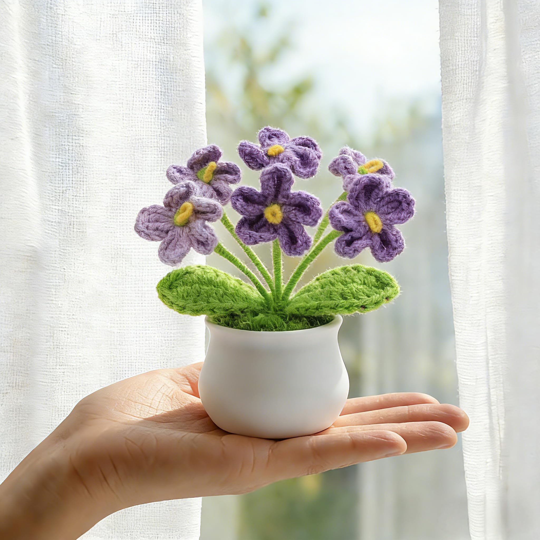 LAIDANLA Crochet Flowers Forget Me Not, Mini Gradient Purple Crochet Flower Potted Plant for Desk, Handmade Anniversary Birthday Graduation Gifts for Women Teacher Mom Friend