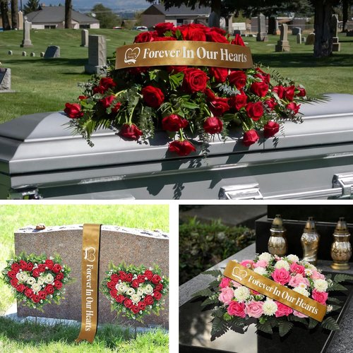 Elegant Funeral Wreath Sash - Forever in Our Hearts Memorial Ribbon for Graves & Wreaths (Golden)