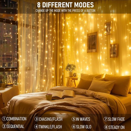 Dazzle Bright 300 LED Curtain Lights - Plug-In Fairy Lights for Bedroom & Outdoor Decor | Warm White