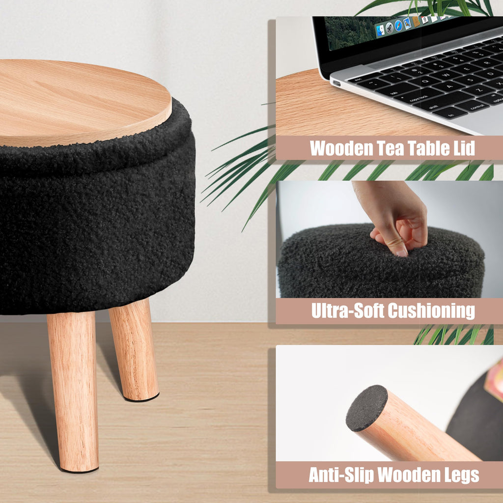 Poofzy Small Ottoman with Storage, Small Foot Stool Ottoman with Wood Legs, Sherpa Foot Rest for Couch, Living Room and Bedroom - White