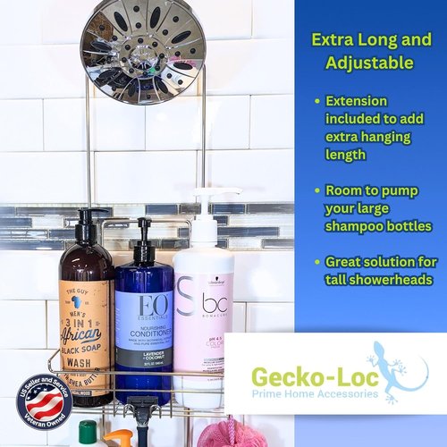 Gecko-Loc Extra-Long Adjustable Shower Caddy - Rustproof Stainless Steel Organizer with Suction Stabilizer & Hooks | No-Drill Installation (Silver)
