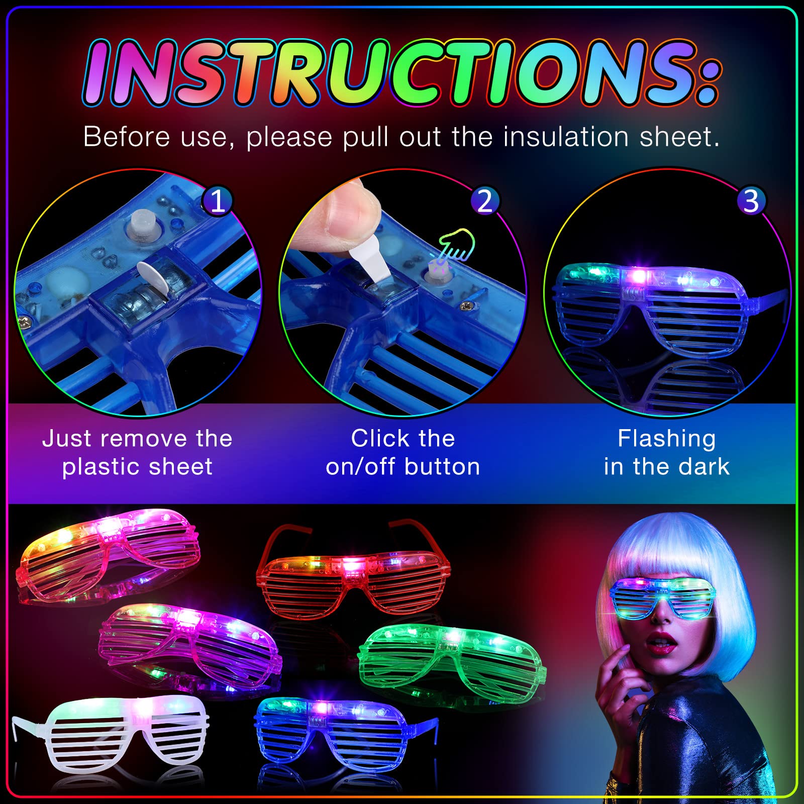 60 Set Party Hats Glasses Including 30 Neon Animal Print Plastic Hats and 30 Flashing LED Light up Glasses for Adult Birthday Bachelorette Party Props