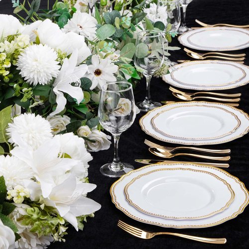 Hioasis 60pcs Gold Plastic Plates - White and Gold Disposable Dinnerware with Gold Rim, Heavy-duty, 10 inch, Dinner Plates for Party & Wedding