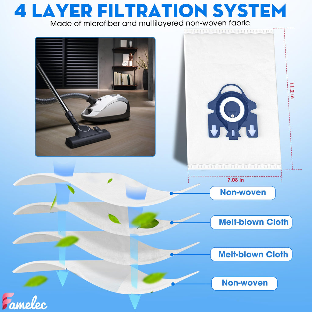 Combo For Miele Vacuum Cleaner Bags GN 8Pcs + 4Pcs Hepa AirClea 50 Filter, 3D Airclean For Miele GN Vacuum Cleaner Bags Model Complete C1, Complete C2, C3 S227 S240 S270 S400 S2 S5 S8 Series
