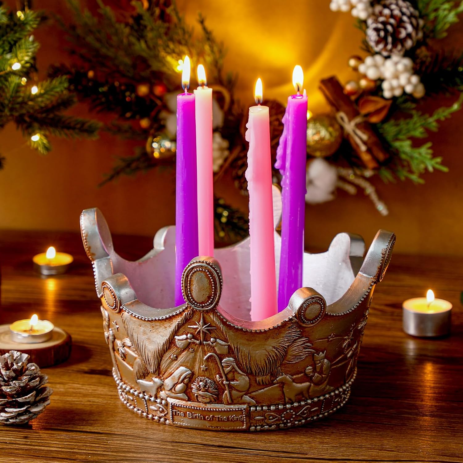 Nativity Advent Candle Holder - 9.4 Inch Resin Christmas Wreath Centerpiece | Holy Family Design