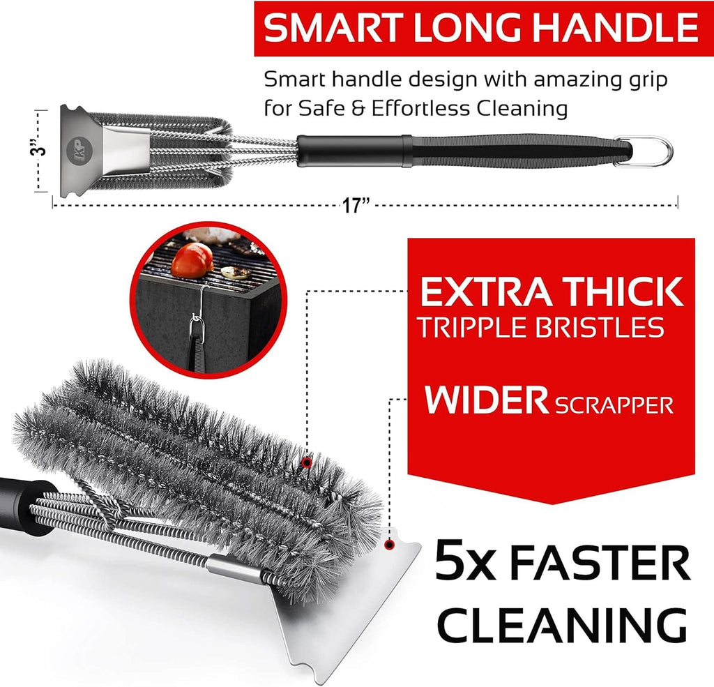 **KITCHEN PERFECTION Grill Brush - Safe Wire BBQ Cleaner with Scraper & Mat | Extended Handle for Easy Use**