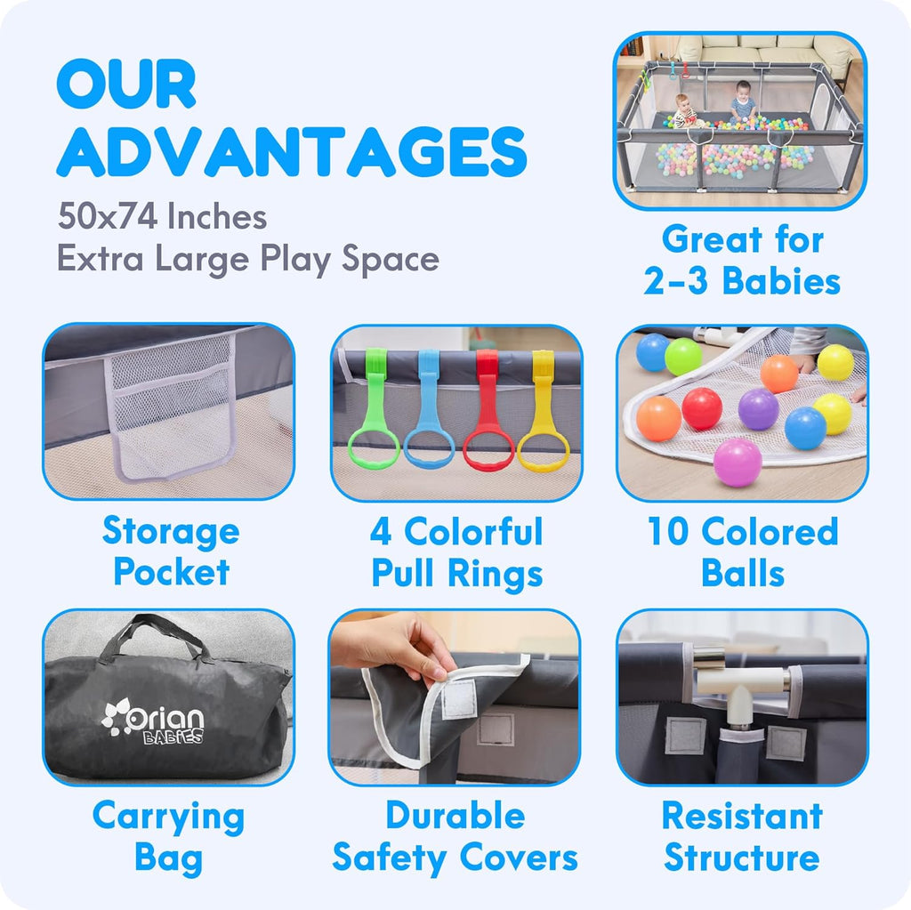 Orian Playpen - Large 50x74 Baby Play Yard | Sturdy Indoor/Outdoor Mesh Sides, Safe Play Area