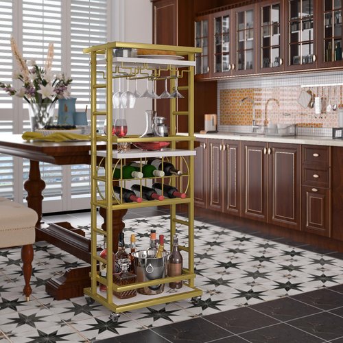 MILEFA 4 Tier Bar Cart with Wheels, Home Bar Serving Cart, Rolling Mini Wine Cart with Wine Rack and Glass Holder, Drink Cart for Dining Room, Living Room, Kitchen, Bar and Outdoor, Gold