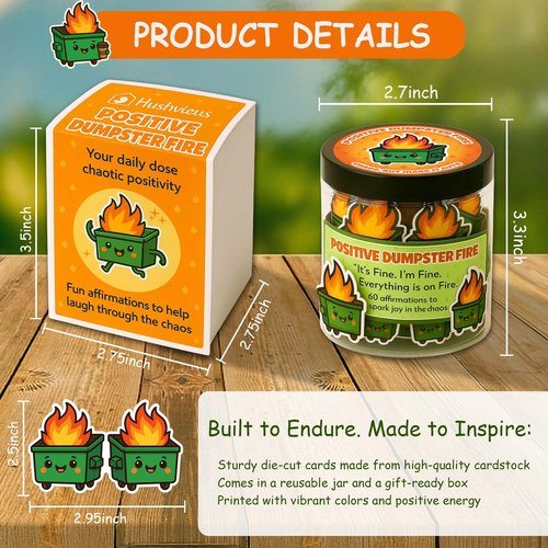HUSHVIEUS 60 Positive Dumpster Fire Cards Jar, Emotional Dumpster Fire Desk Accessories, Affirmation Cards for Women, Teens Girl, Coworker, Dumpster Fire Zen Garden, Womens Birthday Gifts Unique