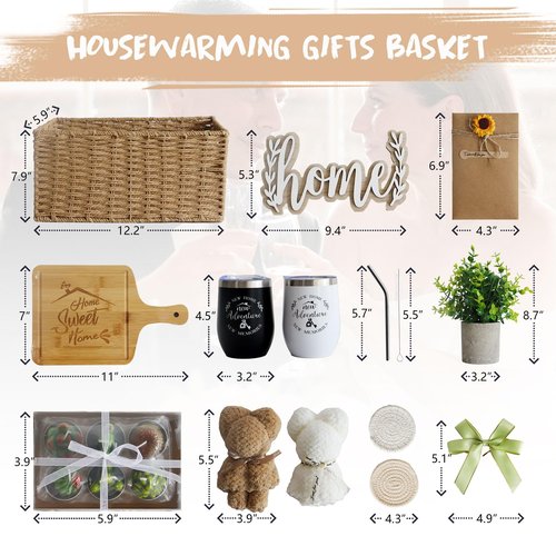 House Warming Gifts New Home, 18 Pcs Housewarming Gifts Basket New Home Gift Ideas, Faux Plants Scented Candles Home Sweet Home Bamboo Cutting Board for Couple Women Men, Closing Gifts for Home Buyers