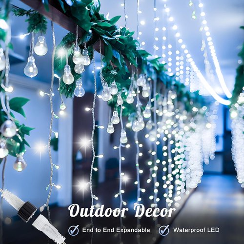 HEYFUNi 304 LED Curtain Lights - 9.8Ft x 9.8Ft Connectable Fairy Lights with 8 Modes for Bedroom & Wedding Decor - White