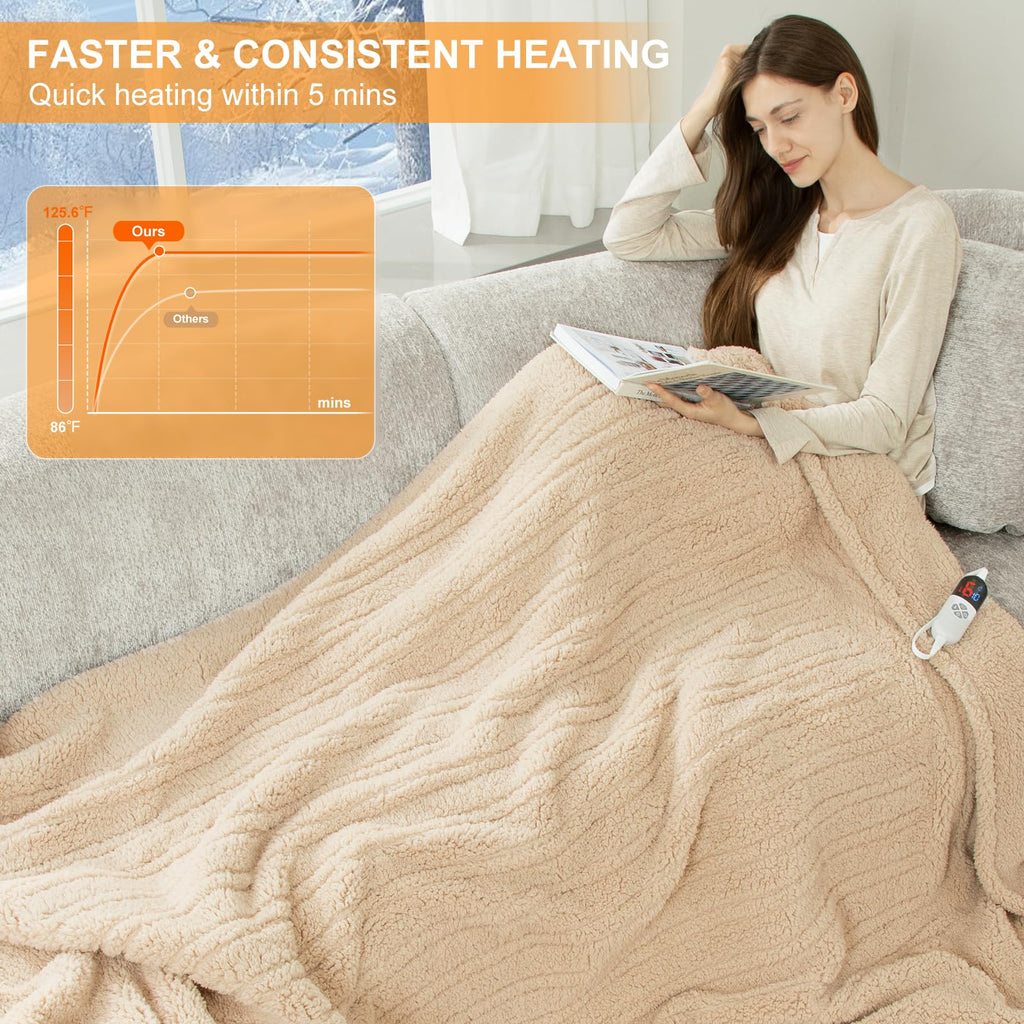 LUZARTA Heated Blanket Full Size 72"X84" Beige - Soft Double Sided Sherpa Electric Blanket Full Size with LED Display, 6 Heating Levels & 10 hrs Timer, Machine Washable & Fast Heating, Gift for Women