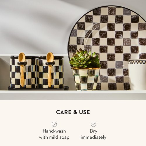 MACKENZIE-CHILDS Set of 2 Farmhouse Canister, Lidded Kitchen Canister with Spoon, Black-and-White Courtly Check