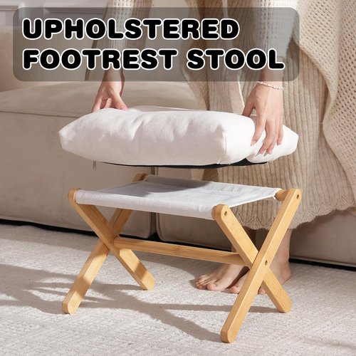 Baveke Ottoman Foot Rest- Bamboo Foldable Stool, Foot Stools Small Ottman with Upholstered & X Legs, Folding Shoe Bench, Bedroom and Living Room (Small Beige)