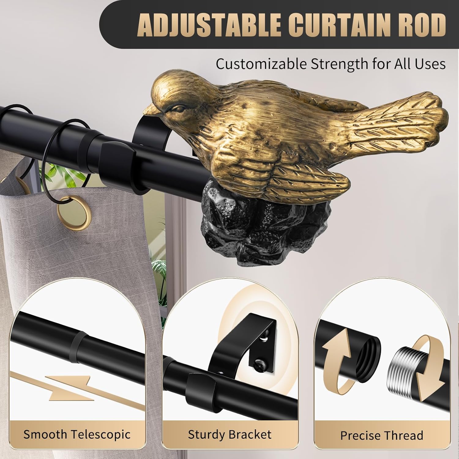 Vintage Black Curtain Rod - Adjustable 18 to 45 Inches | Heavy-Duty Drapery Rod with Gold Bird Finials