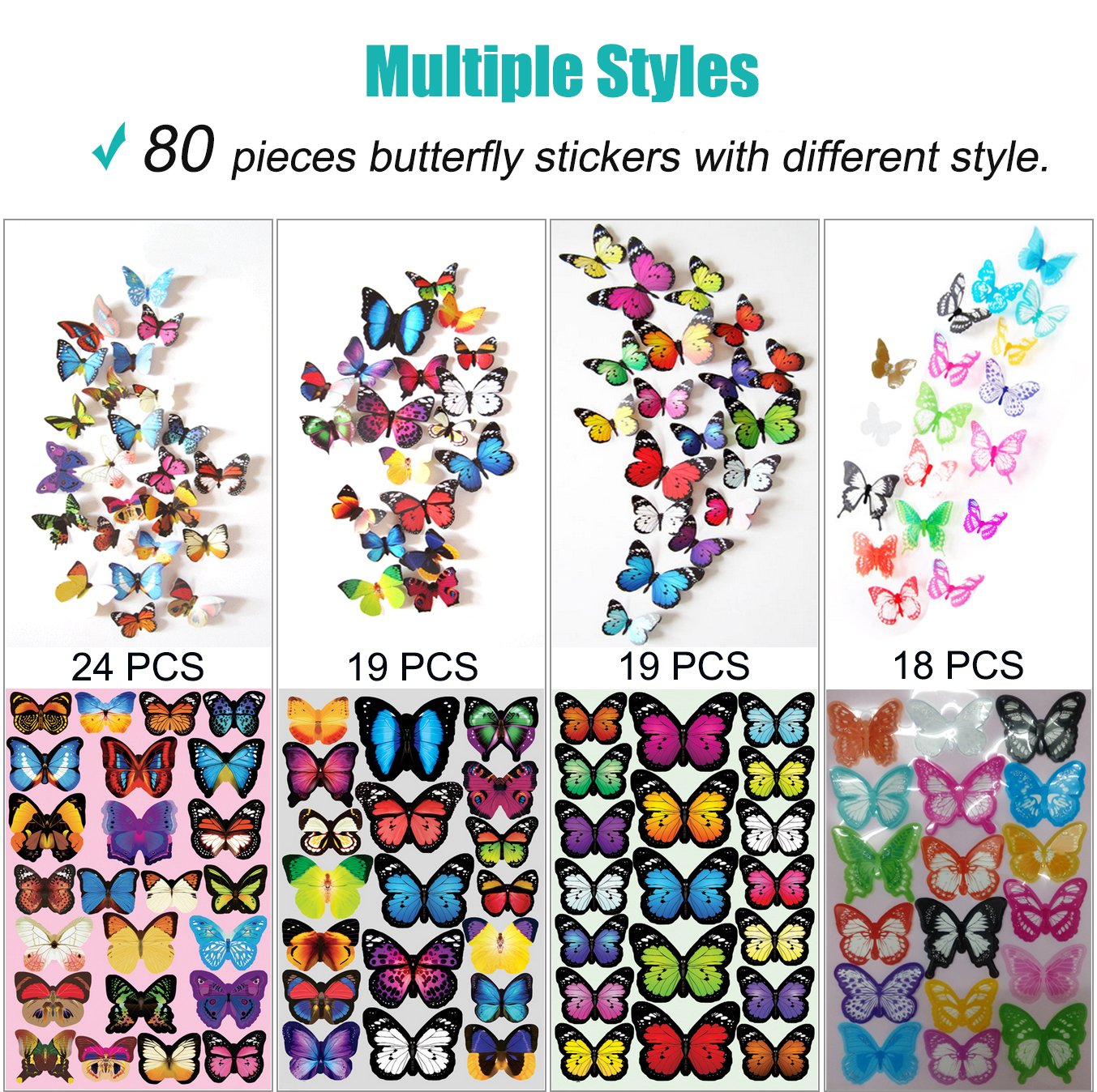 Skiennix 80 PCS Butterfly Wall Decor - Waterproof & Removable Plastic Wings for Home & Bedroom