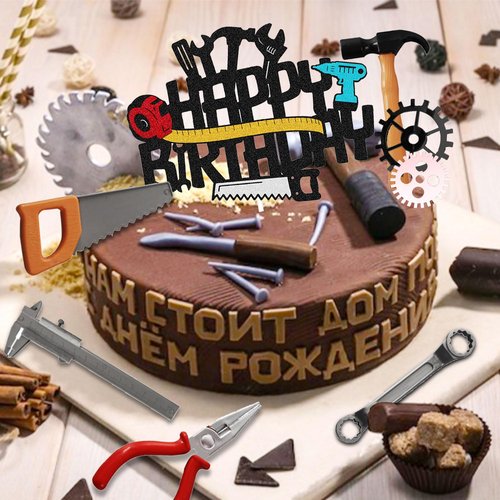 Tools Cake Topper Wrench Hammer Drill Plier Handsaw Tape Measure Screwdrivers Themed Happy Birthday Party Cake Decor