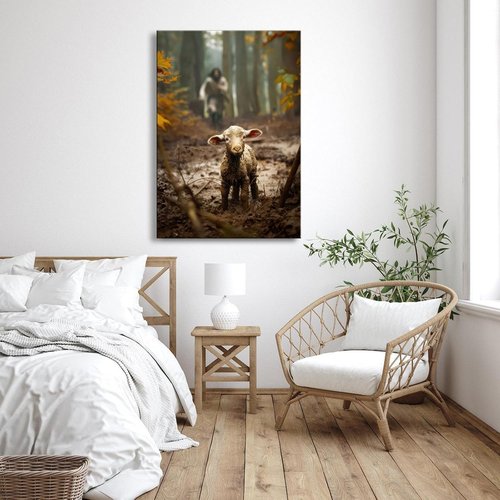 Jesus Wall Art | Large 24”x36” Canvas Print of Jesus Running After Lost Lamb - Perfect Home Decor & Baptism Gift