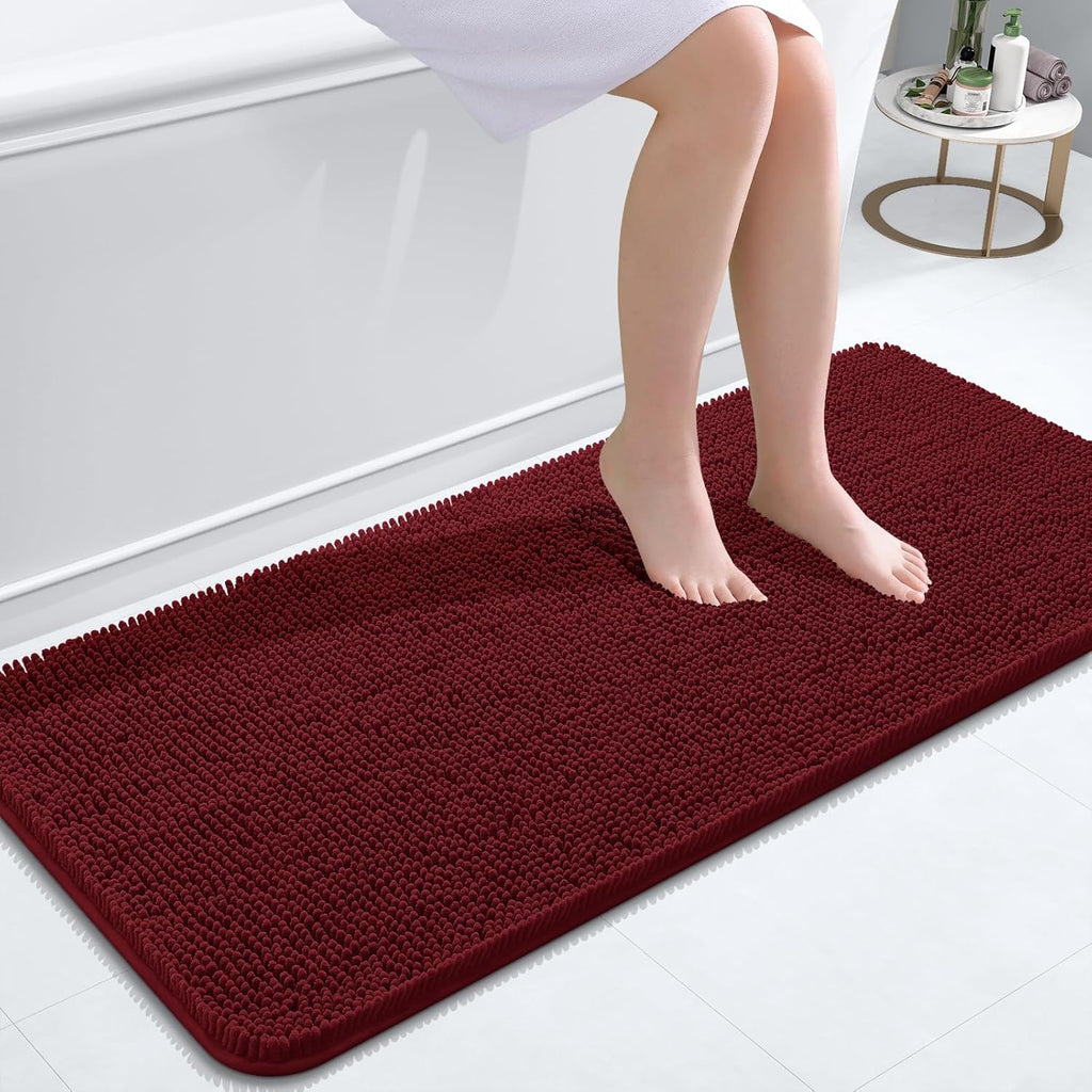 OLANLY Bathroom Runner Rugs - Soft Absorbent Chenille with Rubber Backing | 47x20 Inches, Burgundy