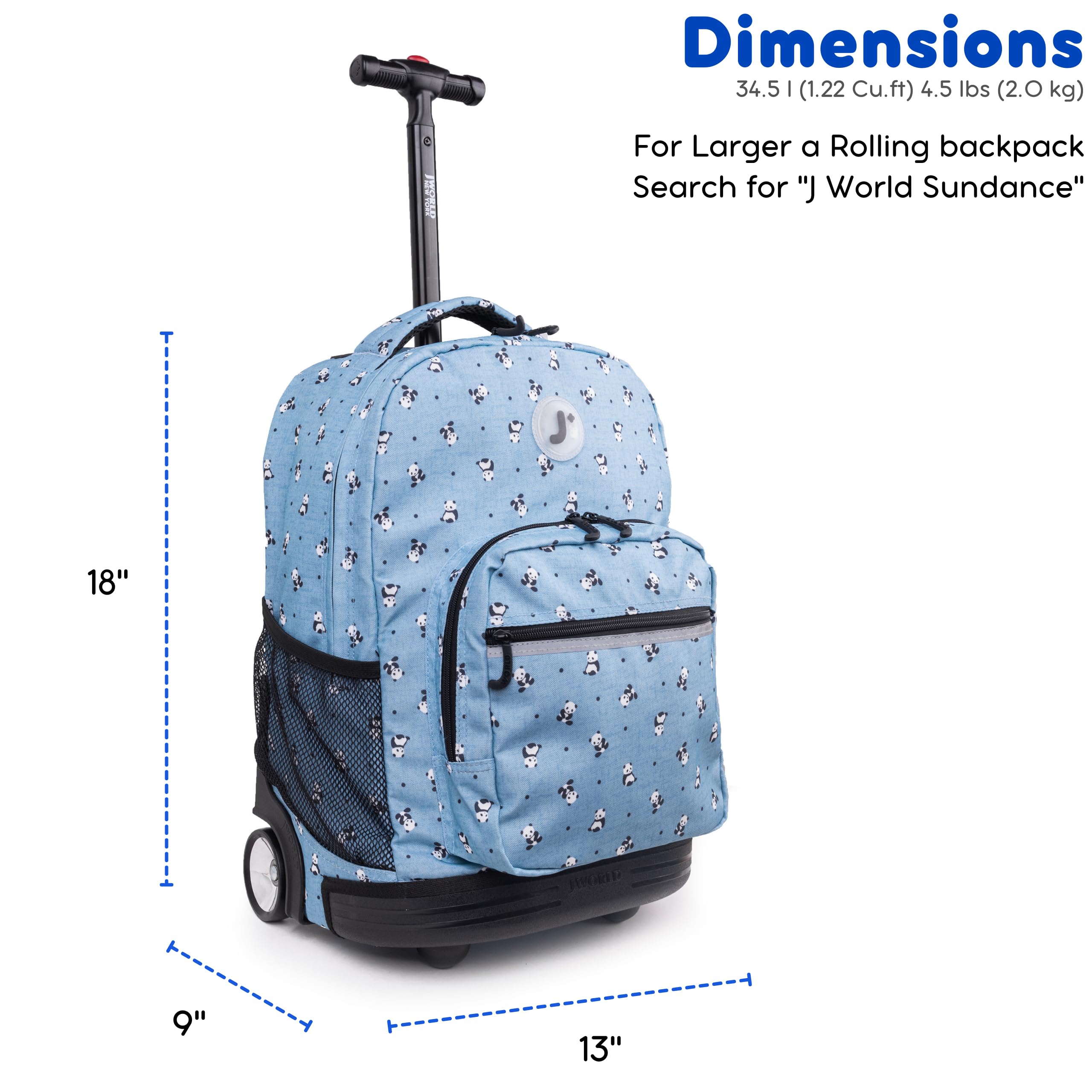 J World Sunrise Kids Rolling Backpack for Girls Boys. Roller Bookbag With Wheels For School, Panda