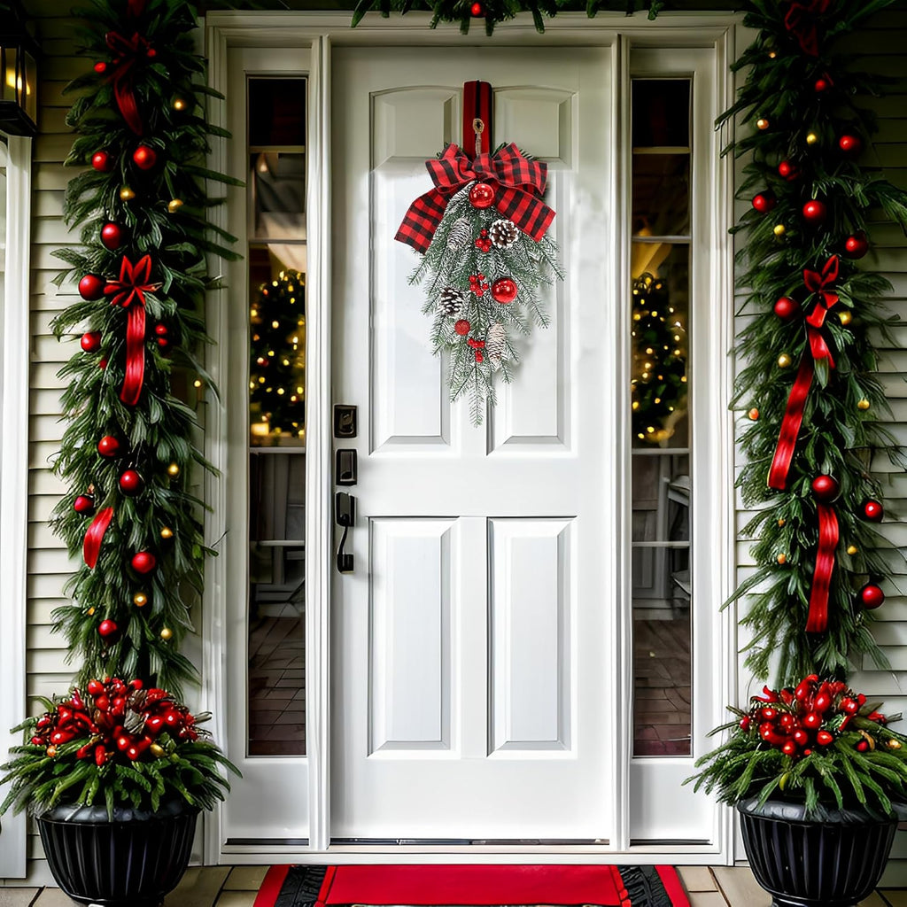 Regine Switzerland Christmas Swag - Decorative Outdoor Garland with Pine Cones & Red Bow | Teardrop Design