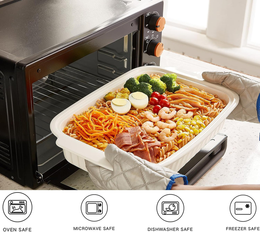 Skiennix Large Baking Dish - 5.5 Quart Ceramic Lasagna Pan with Lid | Microwave & Dishwasher Safe, White