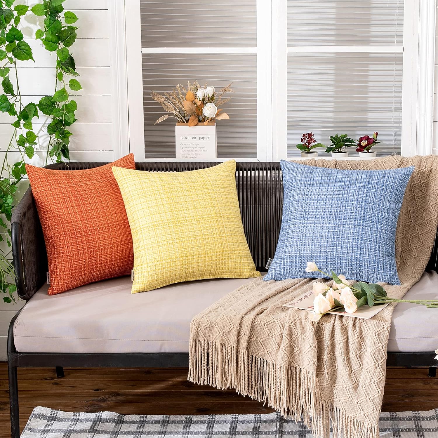 MIULEE Outdoor Waterproof Throw Pillow Covers - Decorative Farmhouse Cushion Covers, 12x12 Inch, Yellow | Pack of 2