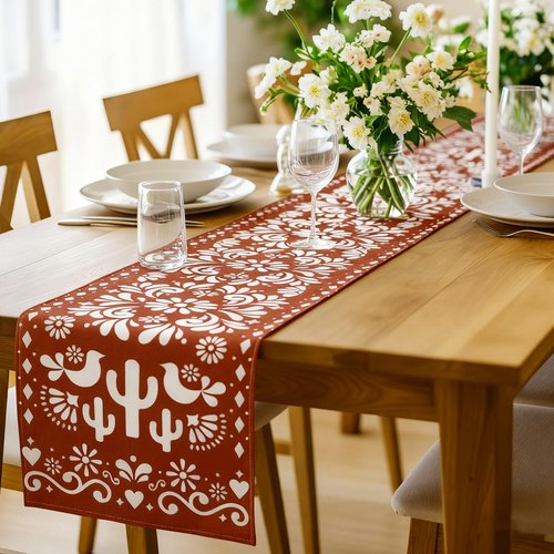 Hahafelt 12 Pcs Mexican Talavera Cielito Lindo Table Runner 71 x 13'' Linen Baby Shower Home Decor Traditional Cinco De Mayo Dia De Los Muertos Day of The Dead Fiesta Party Decoration Supplies (Brown)