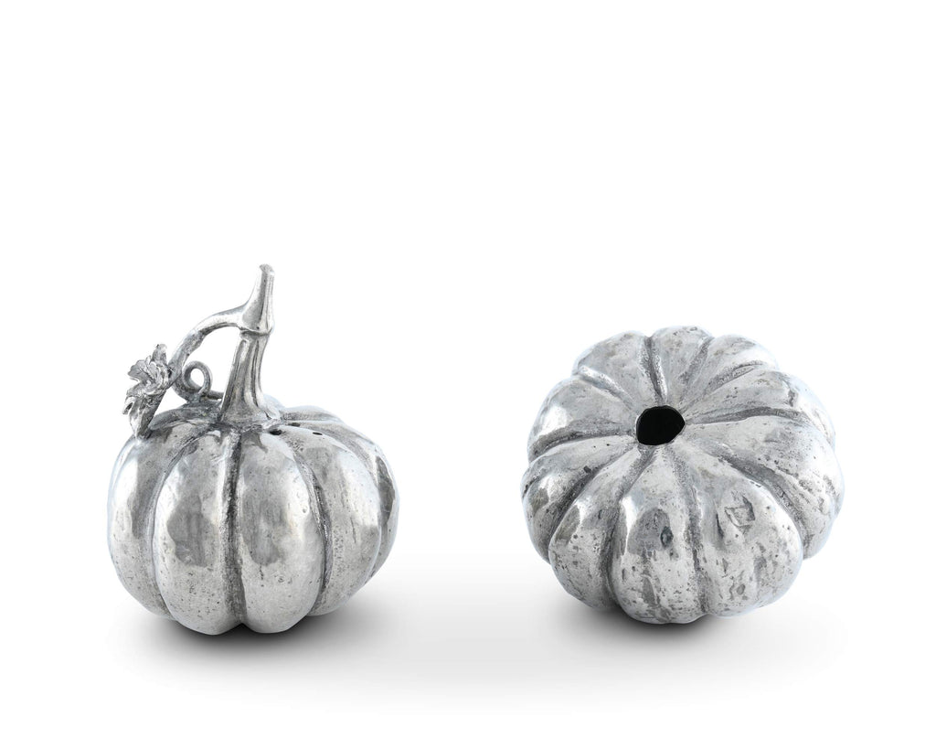 Vagabond House Pewter Harvest Pumpkin Salt and Pepper Metal Shaker Set Thanksgiving Fall Tableware S/P Shaker 2.25 inch Tall