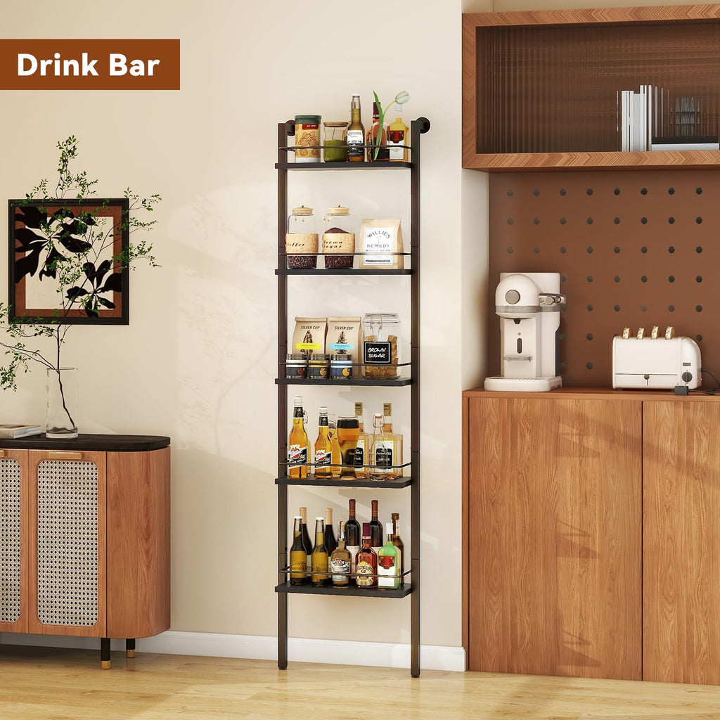 YMYNY 5-Tier Freestanding Wine Racks，Liquor Bottle Display Shelf with Fences, Wall Mounted Floating Shelf Storage Stand for Kitchen, Dining Room, 16.93" L x 7.87" W x 69.68" H Black UHWR001B