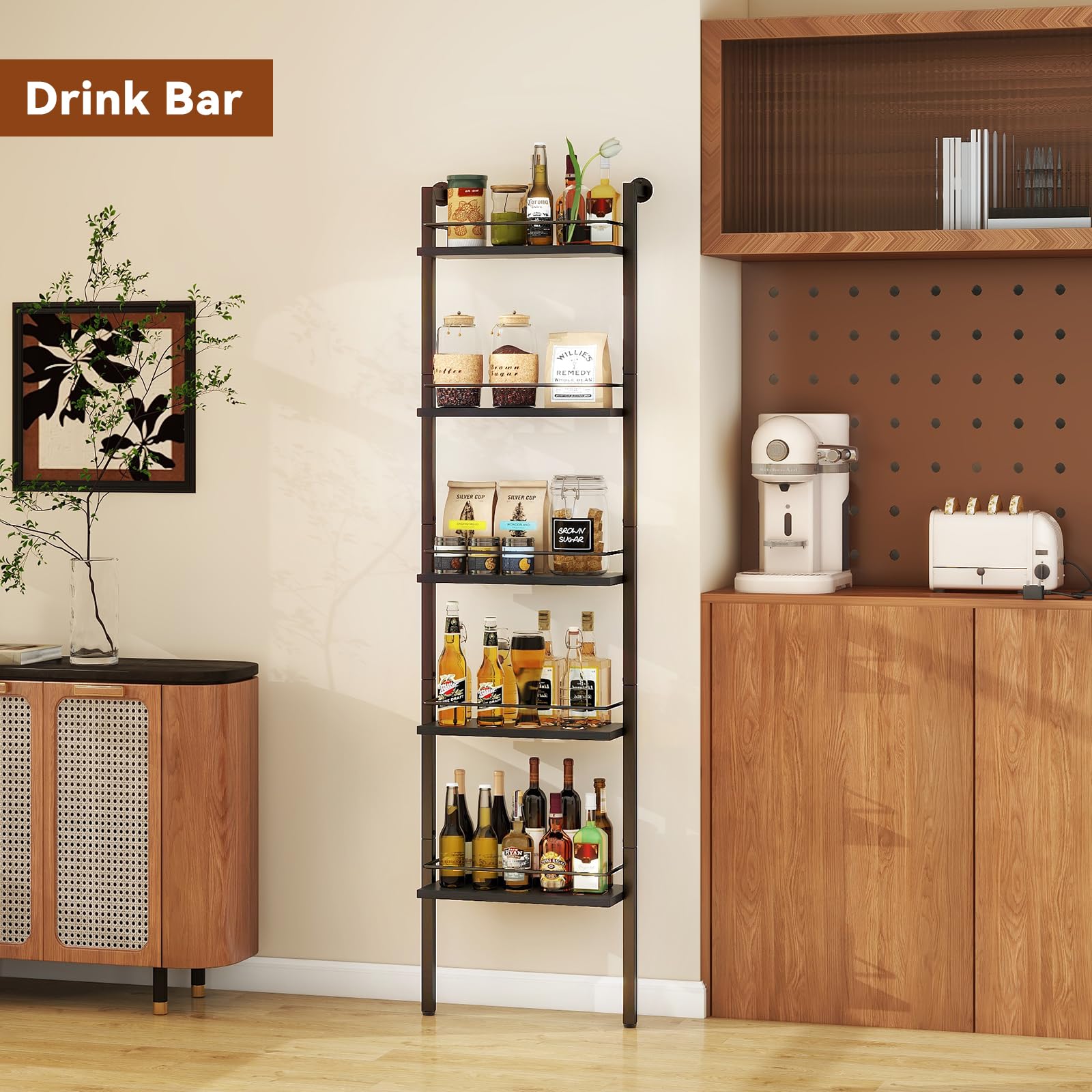 YMYNY 5-Tier Freestanding Wine Racks，Liquor Bottle Display Shelf with Fences, Wall Mounted Floating Shelf Storage Stand for Kitchen, Dining Room, 16.93" L x 7.87" W x 69.68" H Black UHWR001B